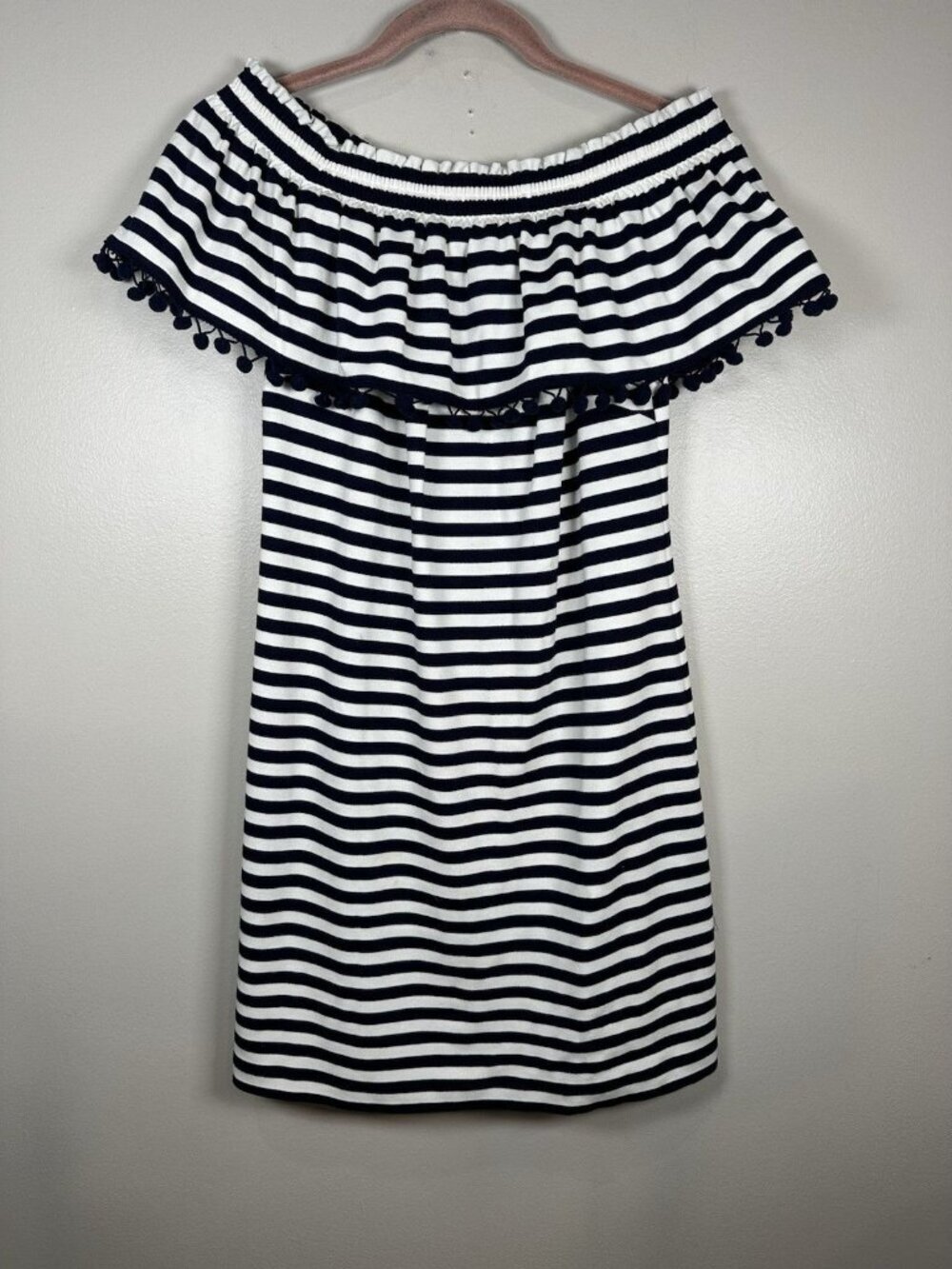Heyton Stripped Dress Size 8 Off Shoulder Pom Pom Black White Stripe Vacation